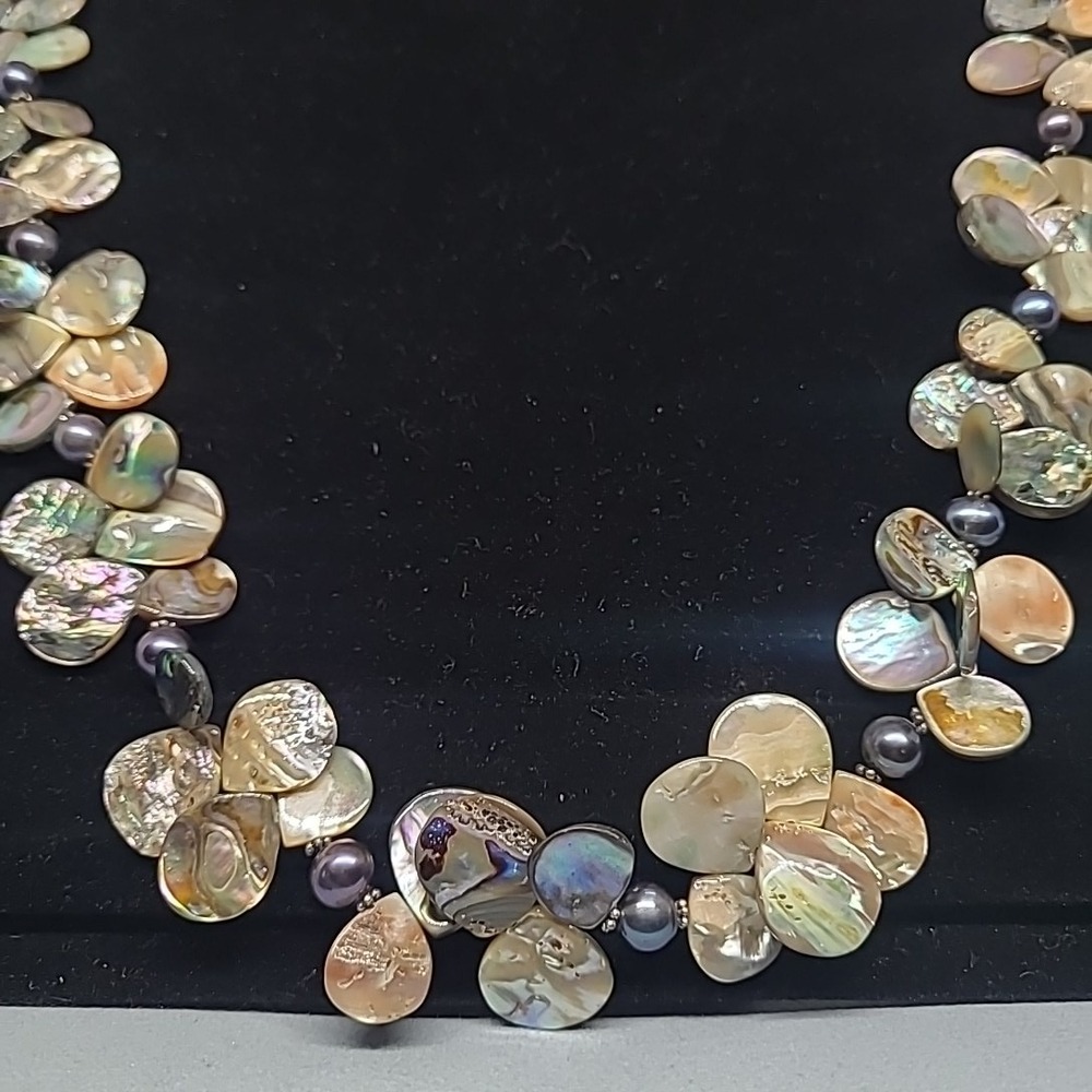 T.J.T. Necklace Abalone Shell 925 Design Pearl Floral Cluster Iridescent